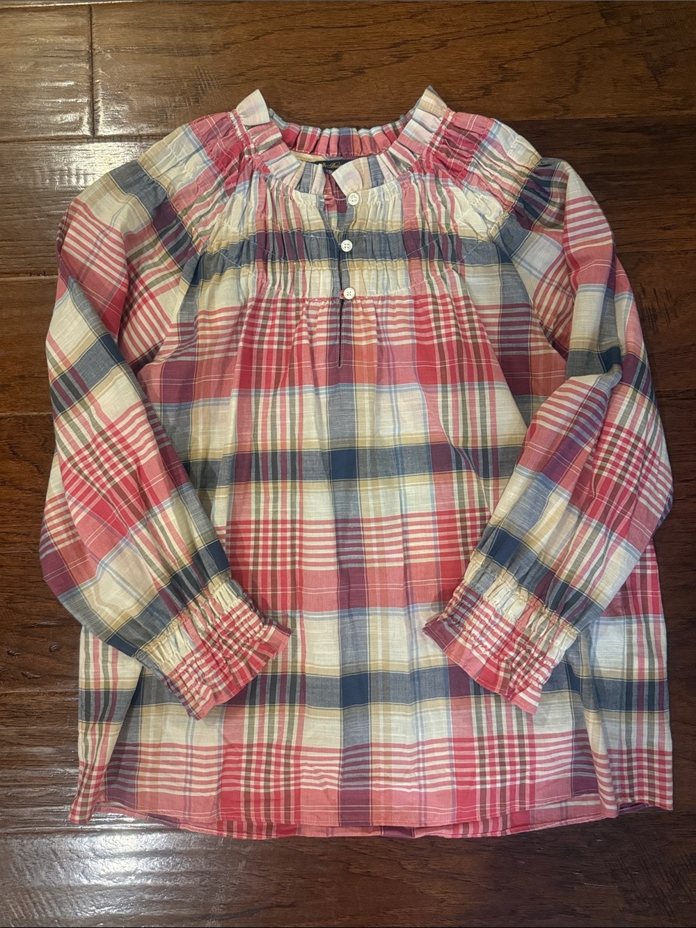 Brooks Brothers Plaid Smocked Neck Top - Pink Navy Cream